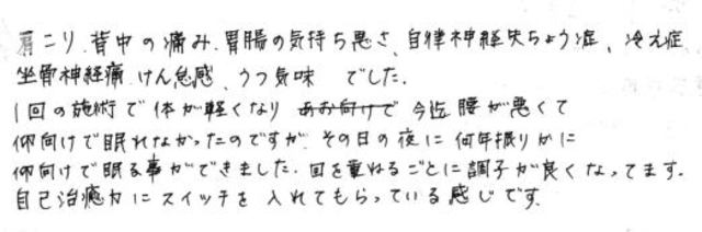 288 女性 40代 肩こり 背中の痛み 胃腸の気持ち悪さ 自律神経失調症 冷え性 坐骨神経痛 倦怠感 うつ気味 胃下垂 内臓下垂 子宮後屈 首こり 便秘